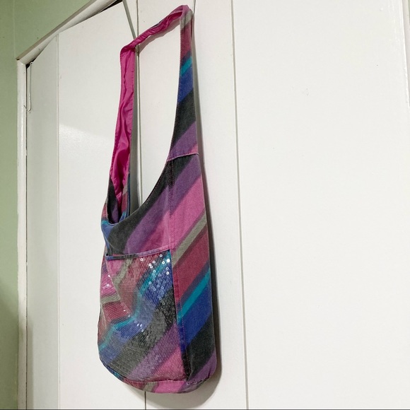 Disco 80s Y2K Glitter BONGO Bling Striped Boho Bohemian Hobo Bag Pink Multicolor - Picture 5 of 15